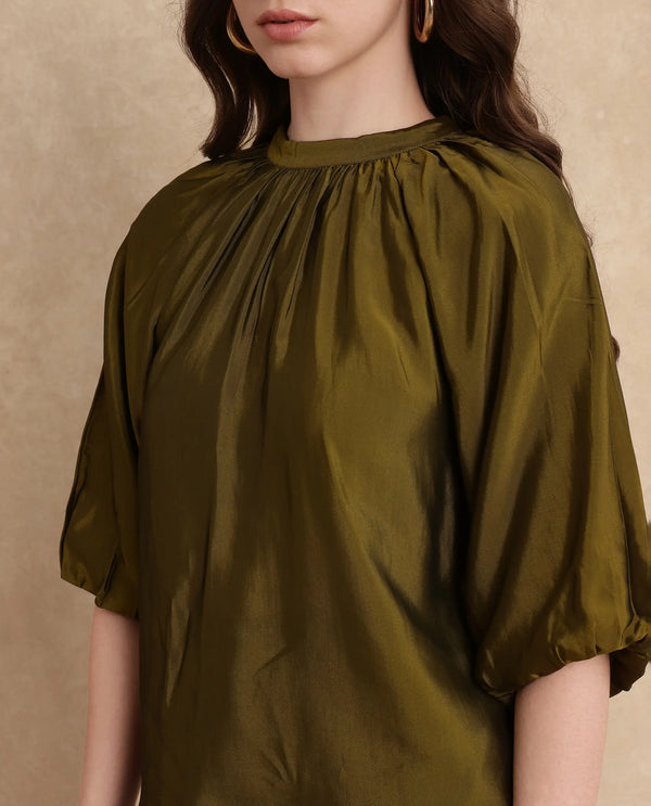 Rareism Women Roniu Brown Polyester Fabric Kimono Sleeve V-Neck Regular Fit Cropped Plain Top