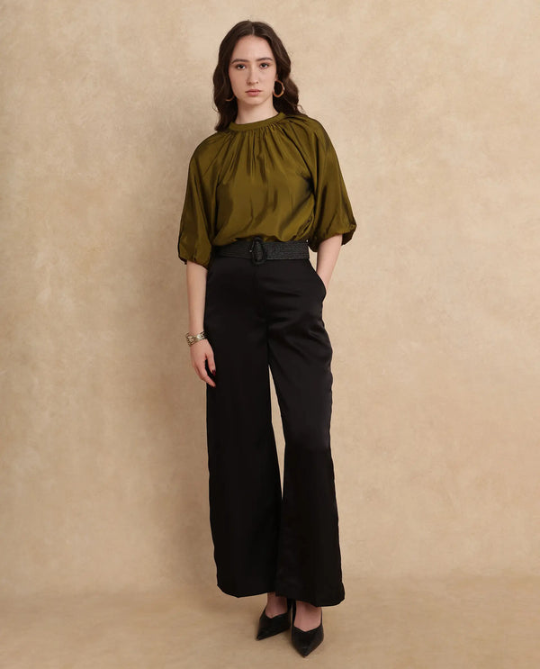 Rareism Women Roniu Brown Polyester Fabric Kimono Sleeve V-Neck Regular Fit Cropped Plain Top