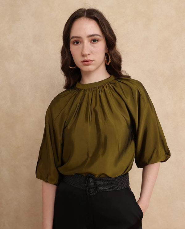 Rareism Women Roniu Brown Polyester Fabric Kimono Sleeve V-Neck Regular Fit Cropped Plain Top