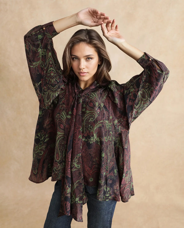 Rareism Women Ronix Multi 100% Viscose Fabric Bishop Sleeves Tie Up Neck Relaxed Fit Paisley Print Top