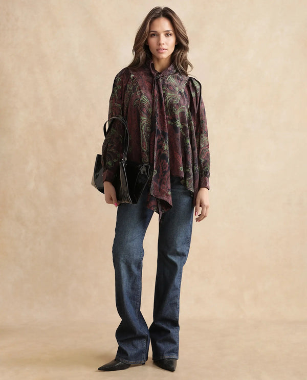 Rareism Women Ronix Multi 100% Viscose Fabric Bishop Sleeves Tie Up Neck Relaxed Fit Paisley Print Top
