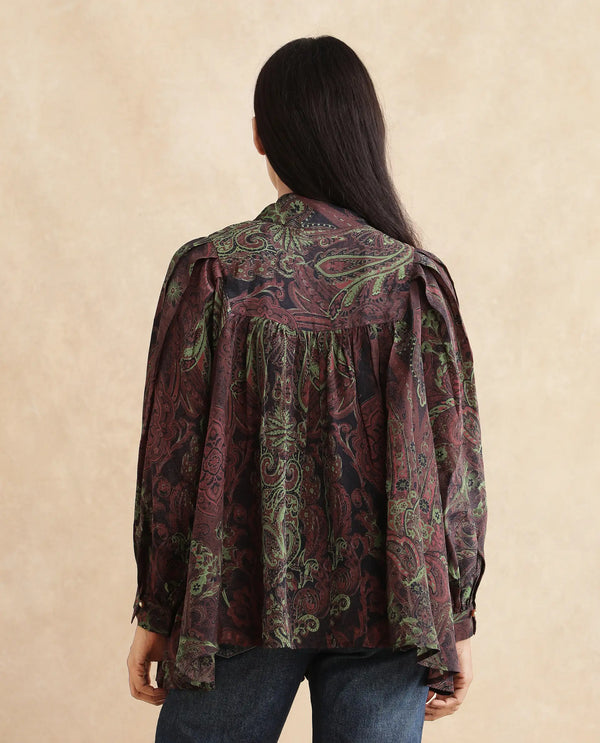 Rareism Women Ronix Multi 100% Viscose Fabric Bishop Sleeves Tie Up Neck Relaxed Fit Paisley Print Top