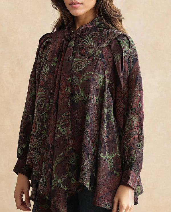 Rareism Women Ronix Multi 100% Viscose Fabric Bishop Sleeves Tie Up Neck Relaxed Fit Paisley Print Top
