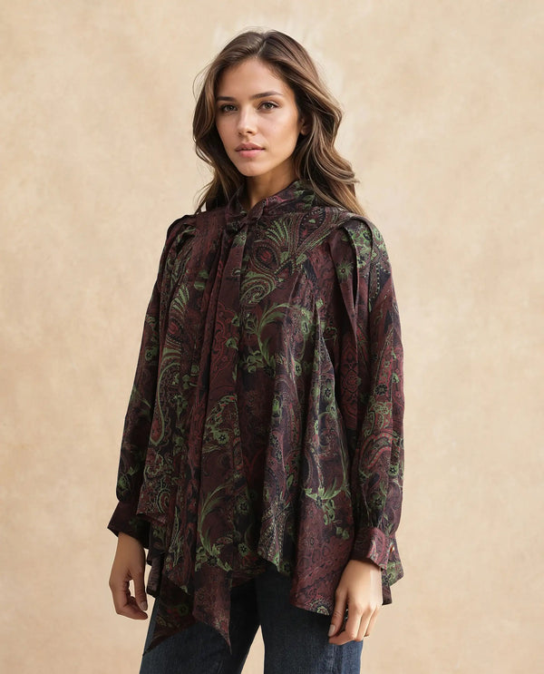 Rareism Women Ronix Multi 100% Viscose Fabric Bishop Sleeves Tie Up Neck Relaxed Fit Paisley Print Top