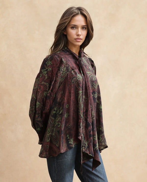 Rareism Women Ronix Multi 100% Viscose Fabric Bishop Sleeves Tie Up Neck Relaxed Fit Paisley Print Top