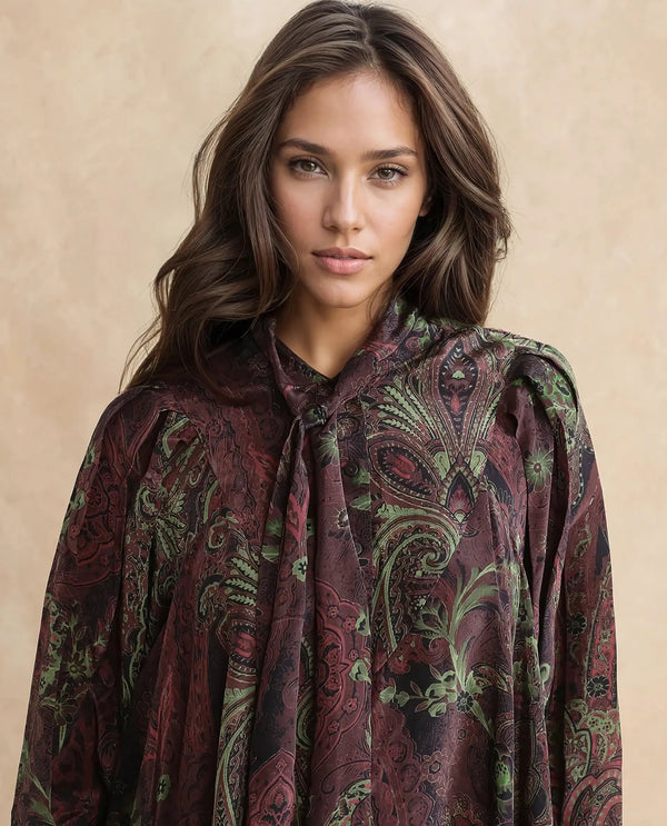 Rareism Women Ronix Multi 100% Viscose Fabric Bishop Sleeves Tie Up Neck Relaxed Fit Paisley Print Top
