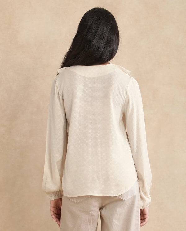 Rareism Women Roniz Beige 100% Cotton Fabric Bishop Sleeves V-Neck Regular Fit Textured Top