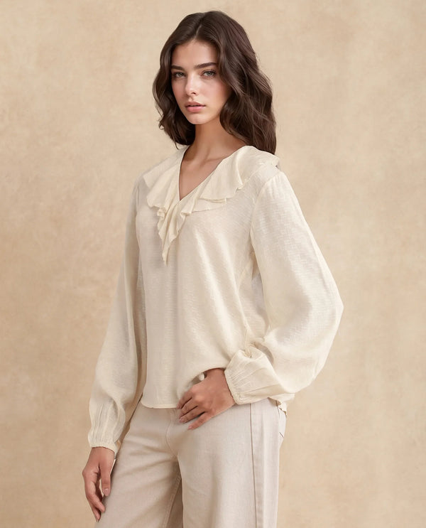 Rareism Women Roniz Beige 100% Cotton Fabric Bishop Sleeves V-Neck Regular Fit Textured Top