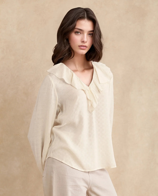 Rareism Women Roniz Beige 100% Cotton Fabric Bishop Sleeves V-Neck Regular Fit Textured Top