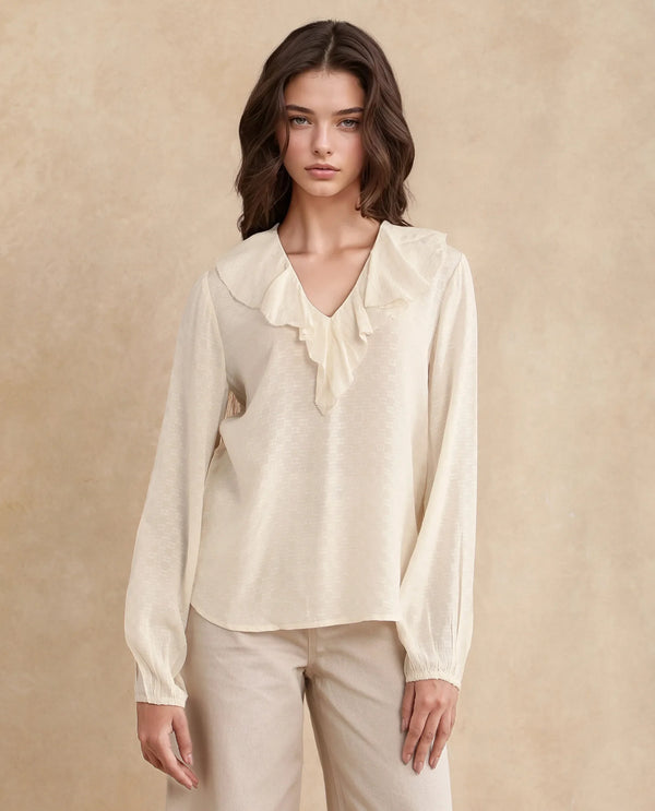 Rareism Women Roniz Beige 100% Cotton Fabric Bishop Sleeves V-Neck Regular Fit Textured Top