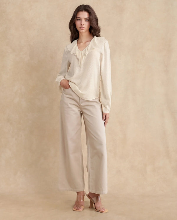 Rareism Women Roniz Beige 100% Cotton Fabric Bishop Sleeves V-Neck Regular Fit Textured Top