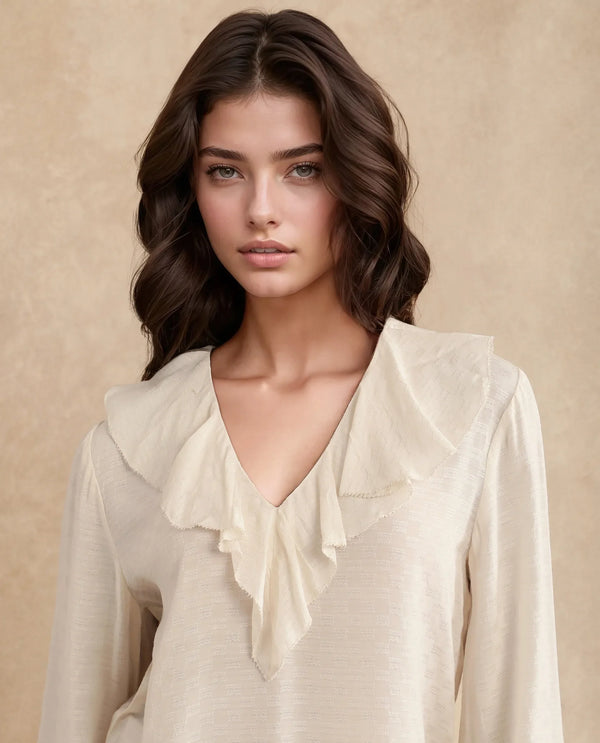 Rareism Women Roniz Beige 100% Cotton Fabric Bishop Sleeves V-Neck Regular Fit Textured Top