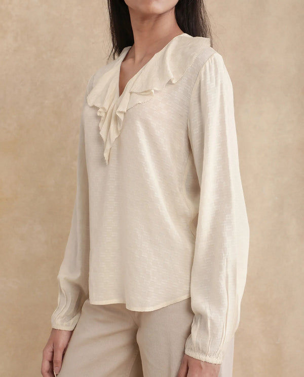 Rareism Women Roniz Beige 100% Cotton Fabric Bishop Sleeves V-Neck Regular Fit Textured Top