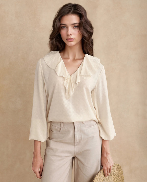 Rareism Women Roniz Beige 100% Cotton Fabric Bishop Sleeves V-Neck Regular Fit Textured Top