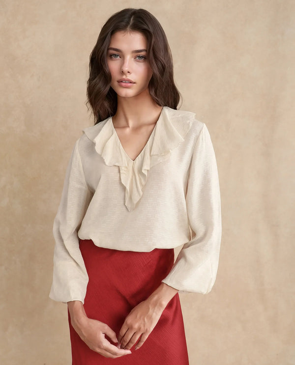 Rareism Women Roniz Beige 100% Cotton Fabric Bishop Sleeves V-Neck Regular Fit Textured Top