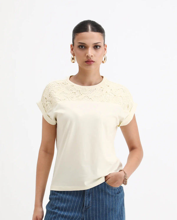 Rareism Women Ronlac Off White 95% Cotton 5% Lycra Fabric Extended Sleeve Round Neck Regular Fit Plain T-Shirt
