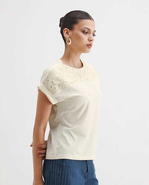 Rareism Women Ronlac Off White 95% Cotton 5% Lycra Fabric Extended Sleeve Round Neck Regular Fit Plain T-Shirt