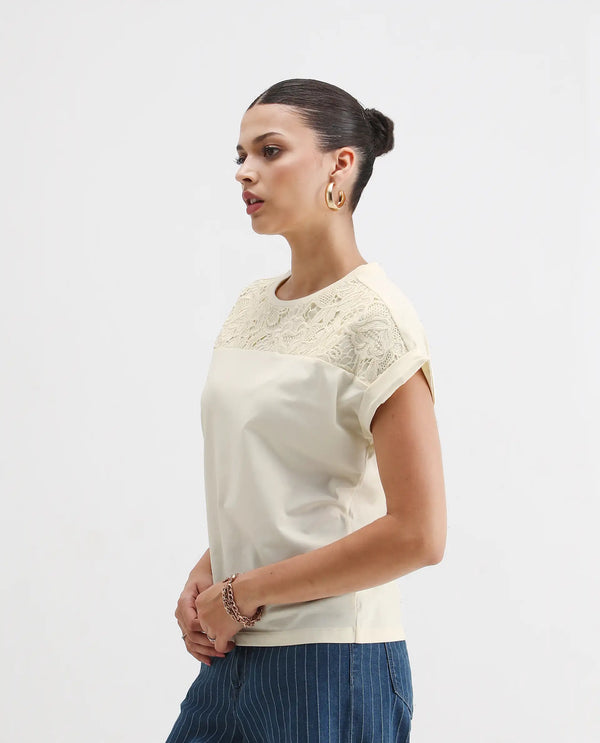 Rareism Women Ronlac Off White 95% Cotton 5% Lycra Fabric Extended Sleeve Round Neck Regular Fit Plain T-Shirt