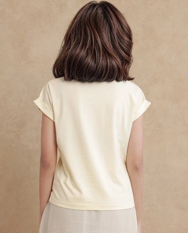 Rareism Women Ronlac Off White Cotton Blend Fabric Extended Sleeve Round Neck Regular Fit Plain T-Shirt