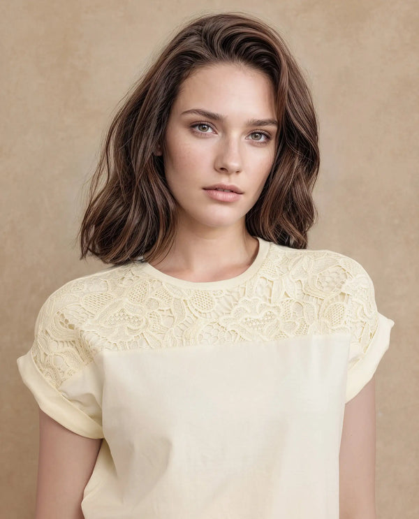 Rareism Women Ronlac Off White Cotton Blend Fabric Extended Sleeve Round Neck Regular Fit Plain T-Shirt