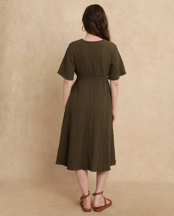 Rareism Women's Ronmien Olive Polyester Fabric V-Neck Tie-Up Closure Bell Sleeve Plain A-Line Midi Dress