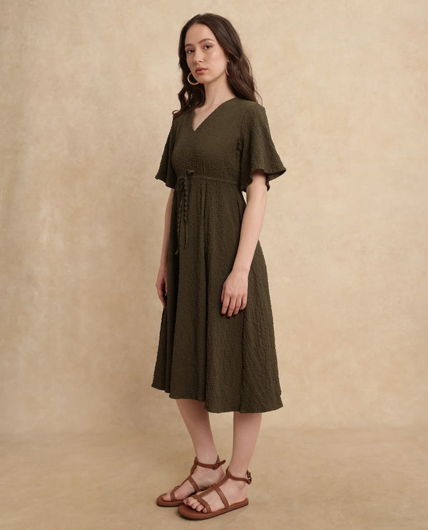 Rareism Women's Ronmien Olive Polyester Fabric V-Neck Tie-Up Closure Bell Sleeve Plain A-Line Midi Dress
