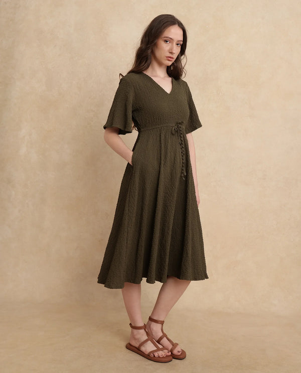 Rareism Women's Ronmien Olive Polyester Fabric V-Neck Tie-Up Closure Bell Sleeve Plain A-Line Midi Dress