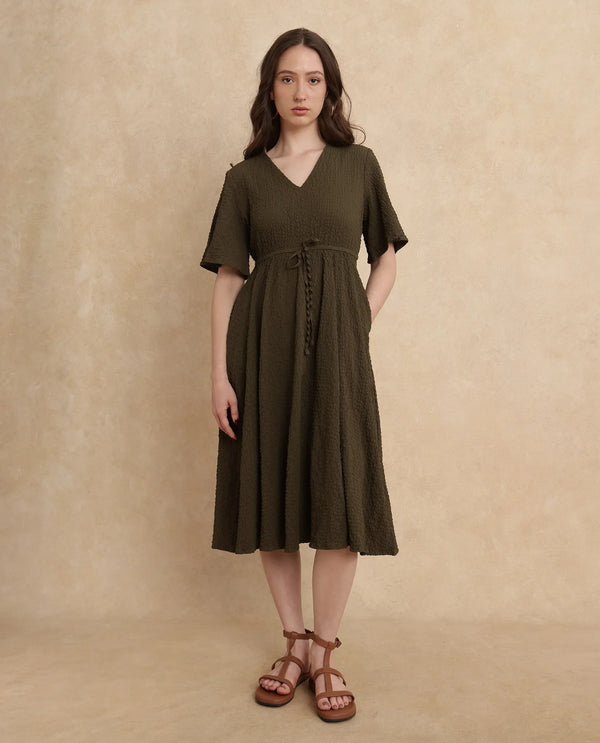 Rareism Women's Ronmien Olive Polyester Fabric V-Neck Tie-Up Closure Bell Sleeve Plain A-Line Midi Dress