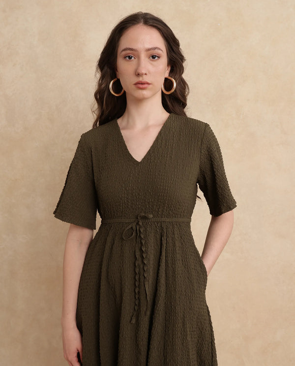 Rareism Women's Ronmien Olive Polyester Fabric V-Neck Tie-Up Closure Bell Sleeve Plain A-Line Midi Dress