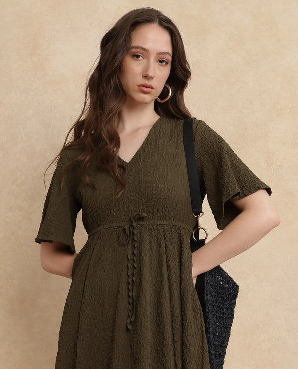 Rareism Women's Ronmien Olive Polyester Fabric V-Neck Tie-Up Closure Bell Sleeve Plain A-Line Midi Dress
