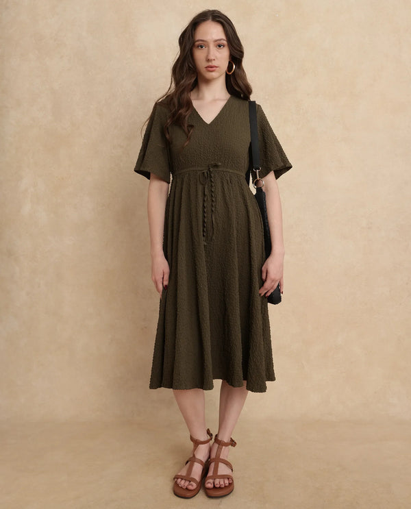Rareism Women's Ronmien Olive Polyester Fabric V-Neck Tie-Up Closure Bell Sleeve Plain A-Line Midi Dress