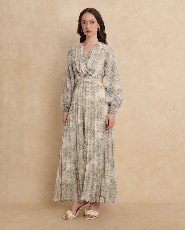 Rareism Women's Ronmus Light Green Polyester Fabric V-Neck Slip-On Closure Bishop Sleeve Abstract Fit And Flare Maxi Dress