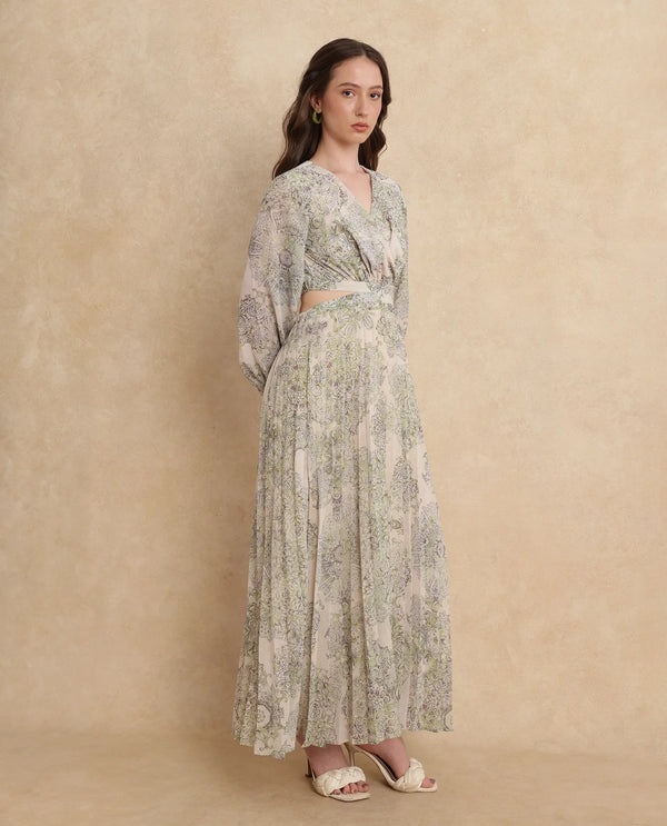 Rareism Women's Ronmus Light Green Polyester Fabric V-Neck Slip-On Closure Bishop Sleeve Abstract Fit And Flare Maxi Dress