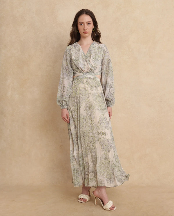 Rareism Women's Ronmus Light Green Polyester Fabric V-Neck Slip-On Closure Bishop Sleeve Abstract Fit And Flare Maxi Dress