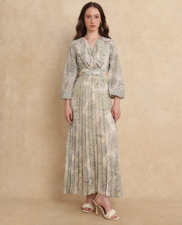 Rareism Women's Ronmus Light Green Polyester Fabric V-Neck Slip-On Closure Bishop Sleeve Abstract Fit And Flare Maxi Dress