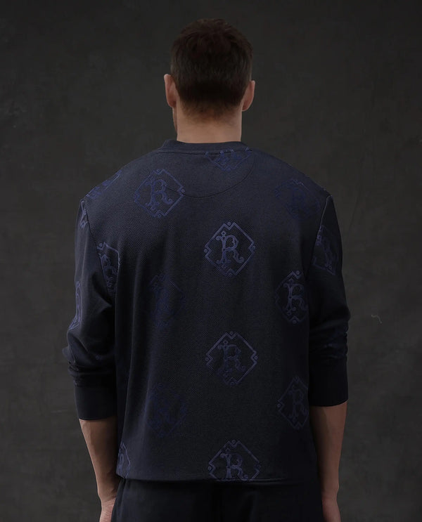Rare Rabbit Men Ron Navy Cotton Fabric Full Sleeve Crew Neck Regular Fit Monogram Print Sweatshirt