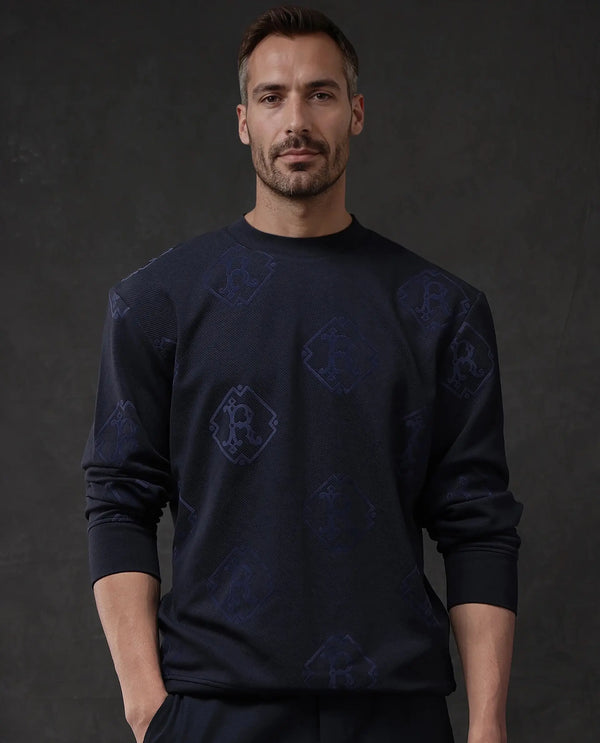 Rare Rabbit Men Ron Navy Cotton Fabric Full Sleeve Crew Neck Regular Fit Monogram Print Sweatshirt