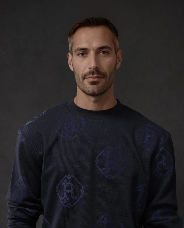 Rare Rabbit Men Ron Navy Cotton Fabric Full Sleeve Crew Neck Regular Fit Monogram Print Sweatshirt