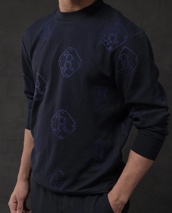 Rare Rabbit Men Ron Navy Cotton Fabric Full Sleeve Crew Neck Regular Fit Monogram Print Sweatshirt