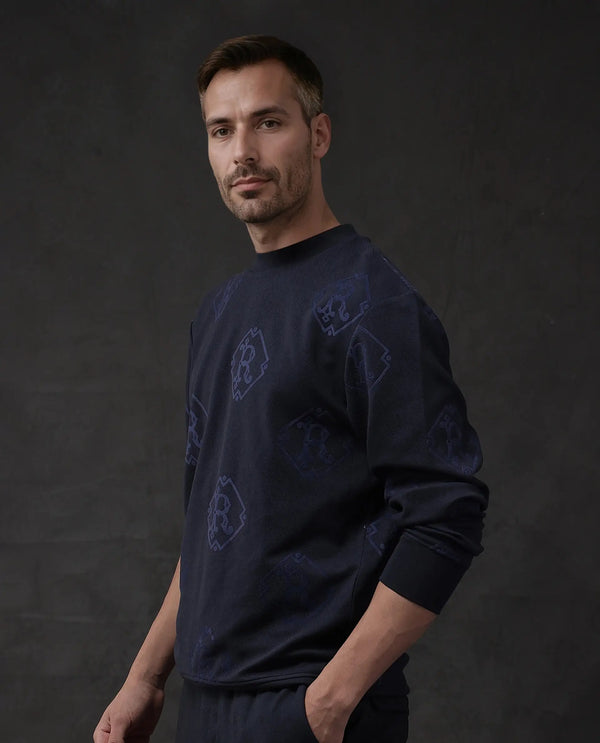 Rare Rabbit Men Ron Navy Cotton Fabric Full Sleeve Crew Neck Regular Fit Monogram Print Sweatshirt