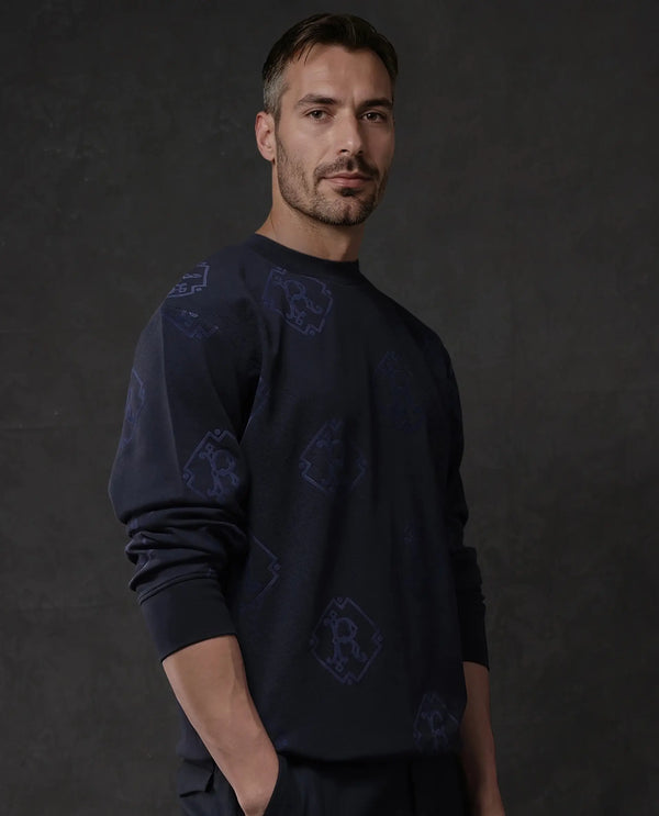 Rare Rabbit Men Ron Navy Cotton Fabric Full Sleeve Crew Neck Regular Fit Monogram Print Sweatshirt