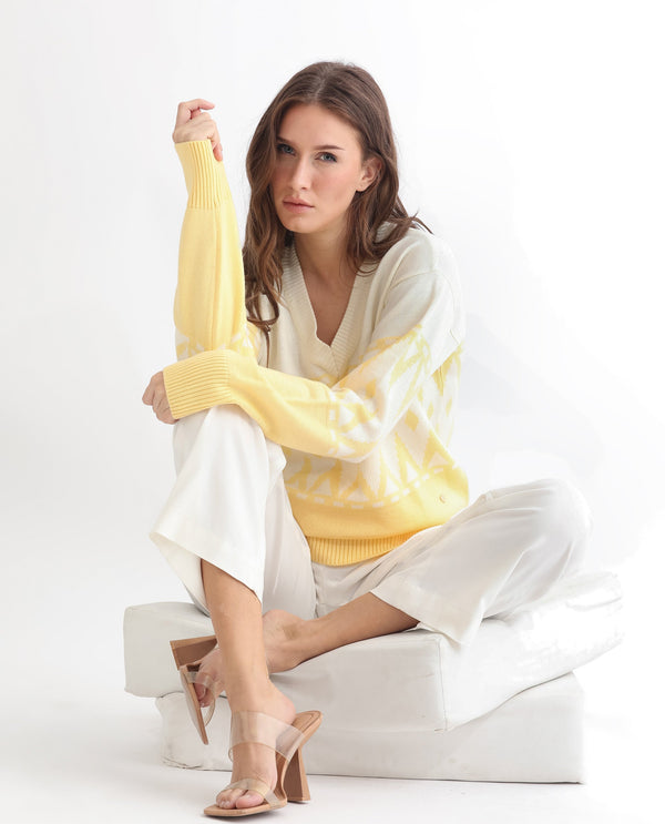 Rareism Women Ronnie Yellow Acrylic Fabric Full Sleeves Relaxed Fit Color Blocked V-Neck Sweater