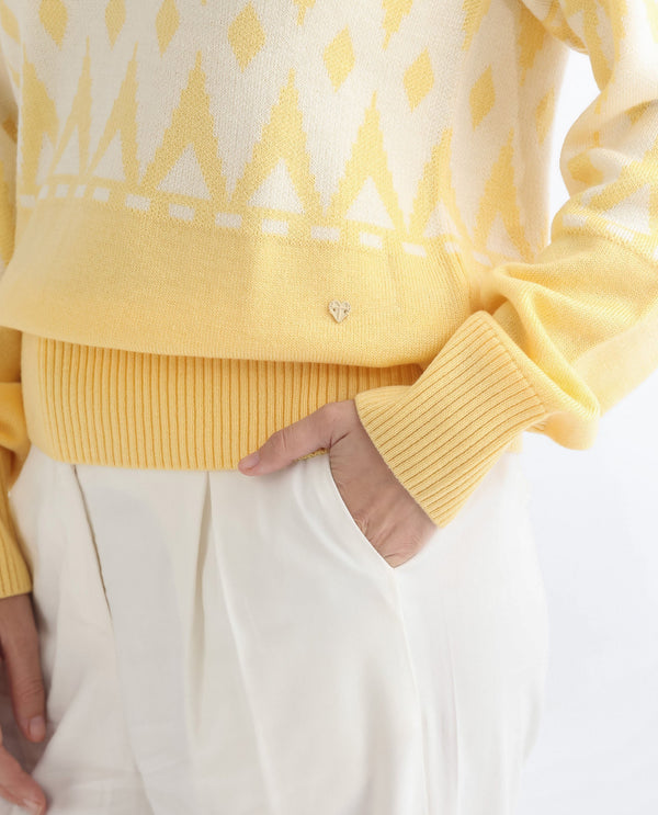 Rareism Women Ronnie Yellow Acrylic Fabric Full Sleeves Relaxed Fit Color Blocked V-Neck Sweater