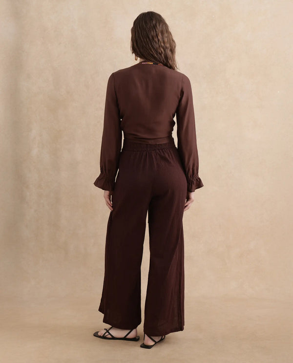 Rareism Women Ronoko Brown Viscose Blend Fabric Bishop Sleeves Open Collar Regular Fit Plain Shrug