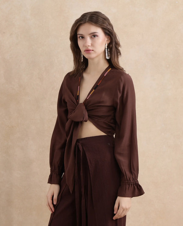 Rareism Women Ronoko Brown Viscose Blend Fabric Bishop Sleeves Open Collar Regular Fit Plain Shrug