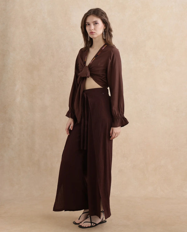 Rareism Women Ronoko Brown Viscose Blend Fabric Bishop Sleeves Open Collar Regular Fit Plain Shrug