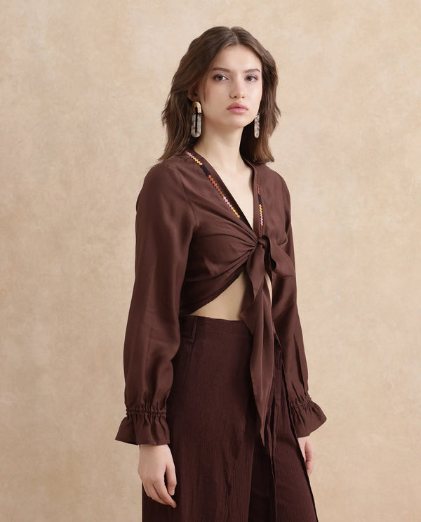 Rareism Women Ronoko Brown Viscose Blend Fabric Bishop Sleeves Open Collar Regular Fit Plain Shrug