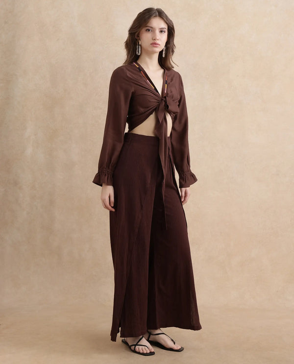 Rareism Women Ronoko Brown Viscose Blend Fabric Bishop Sleeves Open Collar Regular Fit Plain Shrug
