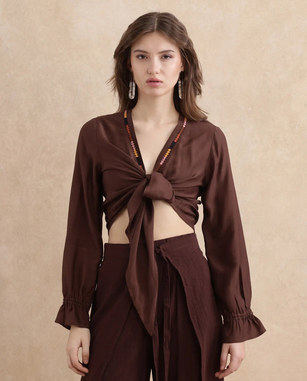 Rareism Women Ronoko Brown Viscose Blend Fabric Bishop Sleeves Open Collar Regular Fit Plain Shrug