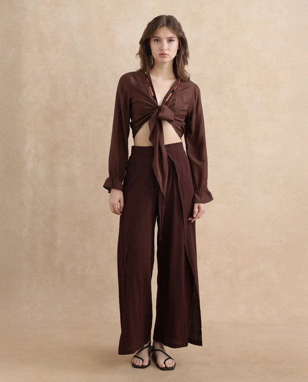Rareism Women Ronoko Brown Viscose Blend Fabric Bishop Sleeves Open Collar Regular Fit Plain Shrug